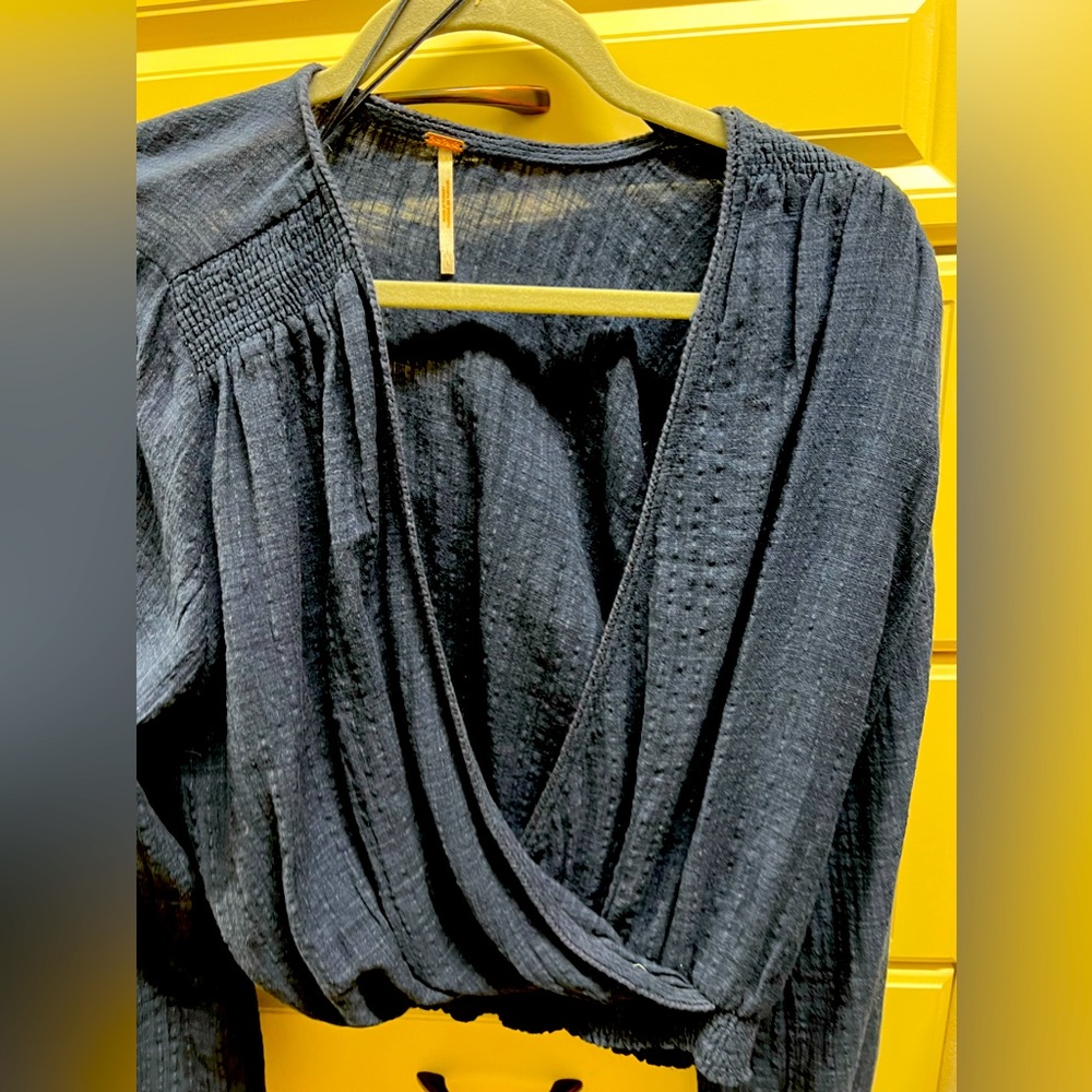 Denim blue Free People ruched bottom top. Never worn.